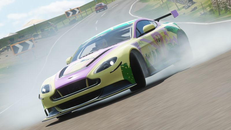 Size: 1920x1080 | Tagged: safe, derpibooru import, fluttershy, equestria girls, aston martin, aston martin v12 vantage, burnout, female, forza horizon, forza horizon 4, solo