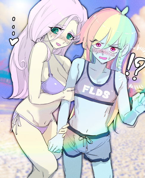 Size: 989x1217 | Tagged: suggestive, artist:ceitama, derpibooru import, fluttershy, rainbow dash, equestria girls, ..., beach, belly button, big breasts, blushing, breasts, busty fluttershy, clothes, commission, delicious flat chest, exclamation point, female, flutterdash, interrobang, lesbian, monochrome, question mark, rainbow flat, ribbon bikini, sand, shipping, sweat, swimming trunks, swimsuit