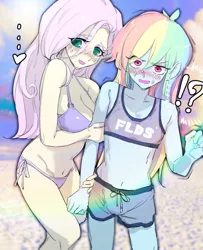 Size: 989x1217 | Tagged: suggestive, artist:ceitama, derpibooru import, fluttershy, rainbow dash, equestria girls, ..., beach, belly button, big breasts, blushing, breasts, busty fluttershy, clothes, commission, delicious flat chest, exclamation point, female, flutterdash, interrobang, lesbian, monochrome, question mark, rainbow flat, ribbon bikini, sand, shipping, sweat, swimming trunks, swimsuit
