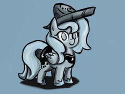 Size: 1024x768 | Tagged: safe, artist:silver-mane1, derpibooru import, princess luna, alicorn, pony, moonstuck, blue background, cartographer's cap, female, filly, hat, monochrome, simple background, solo, woona, younger