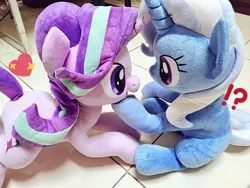 Size: 1024x768 | Tagged: safe, artist:nekokevin, derpibooru import, starlight glimmer, trixie, pony, unicorn, series:nekokevin's glimmy, duo, exclamation point, female, heart, interrobang, irl, looking at each other, mare, open mouth, photo, plushie, question mark, raised hoof, smiling