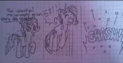 Size: 720x368 | Tagged: safe, artist:sopapiglobo44, derpibooru import, rarity, crystal pony, unicorn, comic, crystal rarity, female, graph paper, jumping, pencil drawing, smiling, solo, spanish, traditional art, translation in description
