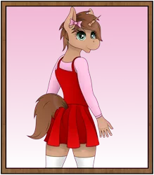 Size: 3500x4000 | Tagged: safe, alternate version, artist:zeronitroman, derpibooru import, oc, oc:heroic armour, anthro, unicorn, bedroom eyes, behind, bow, clothes, commission, commissioner:rautamiekka, crossdressing, dress, fake eyelashes, femboy, horn, image, looking back, male, older, older heroic armour, png, socks, solo, tail, thigh highs, trap, ych result