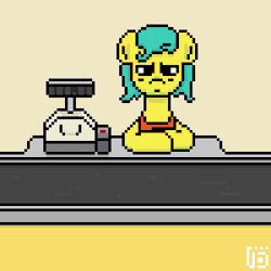 Size: 400x400 | Tagged: safe, artist:vohd, derpibooru import, oc, unofficial characters only, earth pony, pony, animated, apple, bottle, bread, cash register, cashier, double barreled shotgun, food, frame by frame, gun, magazine, matches, pixel art, shopping, shotgun shell, slinky, vine, weapon, whip