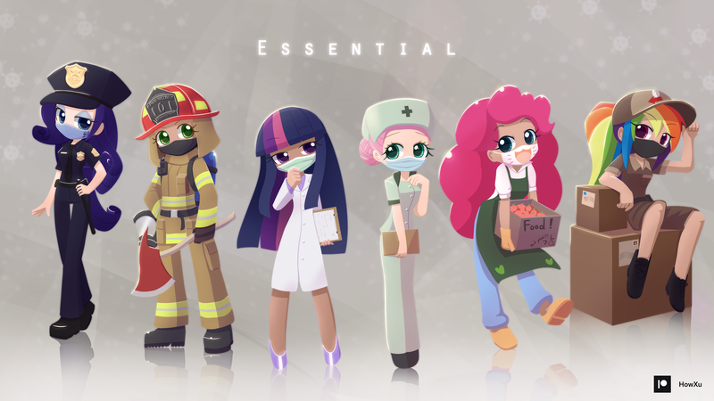 Size: 2560x1440 | Tagged: safe, artist:howxu, color edit, derpibooru import, edit, editor:michaelsety, applejack, fluttershy, pinkie pie, rainbow dash, rarity, twilight sparkle, human, equestria girls, axe, clothes, colored, coronavirus, covid-19, female, firefighter, human coloration, humanized, lab coat, light skin, light skin edit, mane six, mask, nurse, nurse outfit, police officer, police uniform, raricop, scientist, skin color edit, surgical mask, weapon