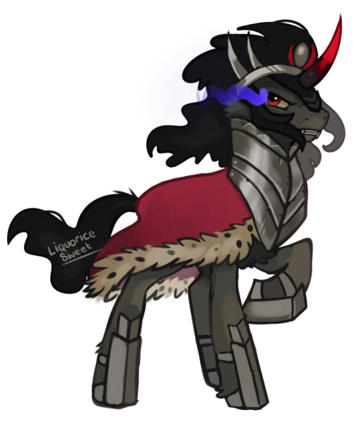 Size: 1192x1428 | Tagged: safe, artist:liquorice_sweet, derpibooru import, king sombra, pony, unicorn, armor, cloak, clothes, evil, king, male, menacing, shadow, simple background, solo, stallion, transparent background