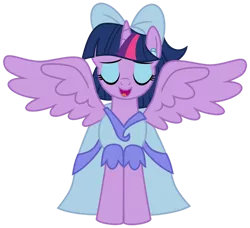 Size: 1024x933 | Tagged: safe, artist:emeraldblast63, derpibooru import, idw, twilight sparkle, alicorn, spoiler:comic, bow, clothes, dress, eyes closed, female, free comic book day, hair bow, idw showified, simple background, solo, spread wings, transparent background, twilight sparkle (alicorn), wings