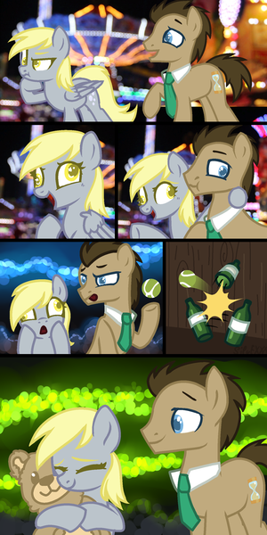 Size: 1400x2800 | Tagged: safe, alternate version, artist:silvexxx01, derpibooru import, derpy hooves, doctor whooves, time turner, earth pony, pegasus, pony, ball, bottle, carnival, comic, commission, cute, derpabetes, doctorderpy, excited, fairground, female, glass bottle, hoof hold, hug, male, mare, merry-go-round, necktie, night, open mouth, raised hoof, shipping, stallion, starry eyes, straight, teddy bear, tennis ball, tongue out, wingding eyes, ych result