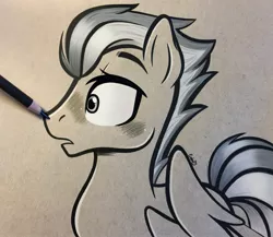 Size: 2048x1776 | Tagged: safe, artist:emberslament, derpibooru import, oc, oc:swift apex, unofficial characters only, pegasus, pony, blushing, boop, colored pencil drawing, colored pencils, cute, male, monochrome, open mouth, pencil boop, photo, solo, stallion, surprised, traditional art