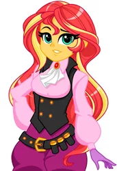 Size: 928x1353 | Tagged: safe, artist:rosemile mulberry, derpibooru import, sunset shimmer, equestria girls, ascot, belt, broach, bullet, clothes, cosplay, costume, female, gloves, haru okumura, persona, persona 5, persona 5 noir, raised eyebrow, solo, vest