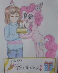 Size: 1080x1350 | Tagged: safe, artist:poorunii, derpibooru import, pinkie pie, bipedal, birthday cake, birthday gift, cake, food, frisk, happy birthday, hat, heart, party hat, smiling, traditional art, undertale