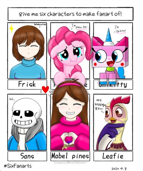 Size: 1080x1288 | Tagged: safe, artist:poorunii, derpibooru import, pinkie pie, anthro, earth pony, human, pony, six fanarts, anthro with ponies, bone, crossover, digital art, female, frisk, gravity falls, heart hands, korean, leafie, mabel pines, male, mare, moon runes, sans (undertale), skeleton, smiling, the lego movie, undertale, unikitty