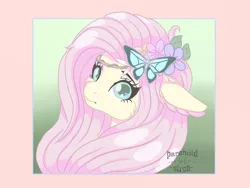 Size: 1600x1200 | Tagged: safe, artist:paranoid_siren, derpibooru import, fluttershy, butterfly, insect, pegasus, cute, female, floppy ears, floral head wreath, flower, flower in hair, looking at you, pastel, shyabetes, solo