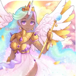 Size: 1250x1250 | Tagged: safe, artist:bekechu, derpibooru import, princess celestia, alicorn, human, alternative cutie mark placement, armor, clothes, cloud, colored pupils, cute, cutelestia, cutie mark on human, dark skin, dress, ear piercing, earring, feather, female, gauntlet, horn, horned humanization, humanized, jewelry, looking at you, piercing, scepter, side slit, solo, strapless, sun, total sideslit, winged humanization, wings