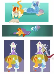 Size: 1280x1754 | Tagged: safe, artist:vio-creayta, derpibooru import, discord, sunburst, trixie, twilight sparkle, alicorn, draconequus, pony, unicorn, book, comic, female, friendship throne, glasses, glowing horn, horn, magic, male, mare, prone, question mark, sitting, sockless sunburst, socks (coat marking), stallion, telekinesis