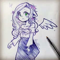 Size: 1080x1080 | Tagged: safe, artist:beakka, derpibooru import, fluttershy, human, bare shoulders, clothes, eared humanization, female, floating wings, floppy ears, flower, flower in hair, frown, humanized, lineart, signature, solo, traditional art, winged humanization, wings