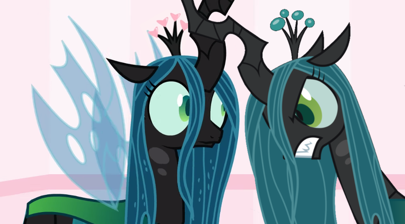 Size: 844x468 | Tagged: safe, artist:mixermike622, derpibooru import, edit, queen chrysalis, changeling, changeling queen, pony, ..., adorable distress, angry, anxiety, confused, crossover, cute, cutealis, duo, faic, fake, faker than a three dollar bill, fangs, fanon, fear, female, flanderization, frown, furious, gritted teeth, help me, helpless, horn, horns are touching, hyperventilating, intimidating, looking at each other, mare, now you fucked up, oh crap, oh crap face, oh shit, panic, panic attack, payback, revenge, rivalry, scared, seething, self paradox, self ponidox, shit just got real, shocked, shrunken pupils, spread wings, standing, the implications are horrible, this will end in death, this will end in pain, this will end in tears, this will end in tears and/or death, threat, threatening, villain decay, wall of tags, wat, wide eyes, wings, worried
