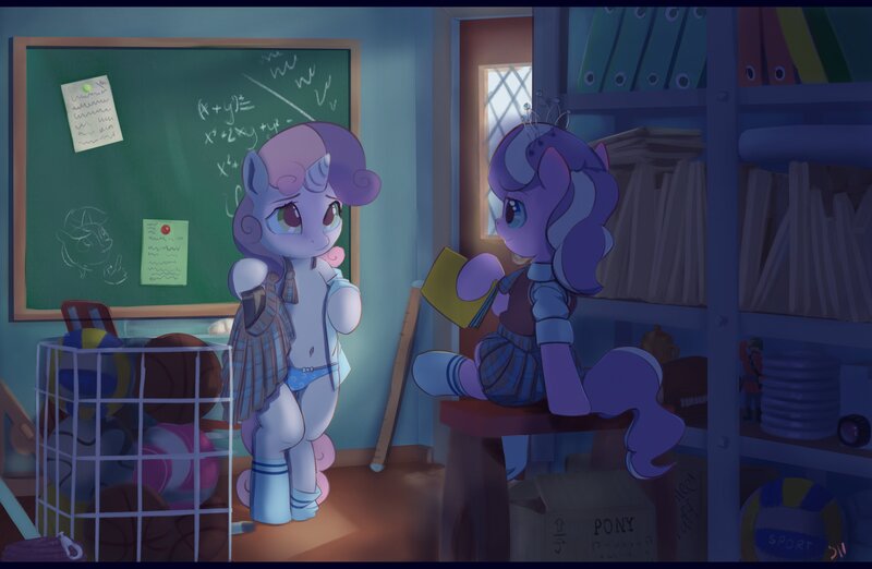 Size: 4096x2674 | Tagged: suggestive, artist:drafthoof, derpibooru import, diamond tiara, sweetie belle, pony, semi-anthro, unicorn, bipedal, blue underwear, classroom, clothes, diamondbelle, dominatiara, dominatrix, duo, female, femdom, femsub, foal, foalcon, image, jpeg, lesbian, panties, room, school, school uniform, shipping, submissive, sweetiesub, underage, underwear, undressing