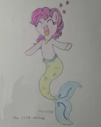 Size: 1080x1350 | Tagged: safe, artist:poorunii, derpibooru import, pinkie pie, mermaid, merpony, eyes closed, female, heart, jewelry, mermaidized, mermaid tail, necklace, partiel, smiling, solo, species swap, traditional art