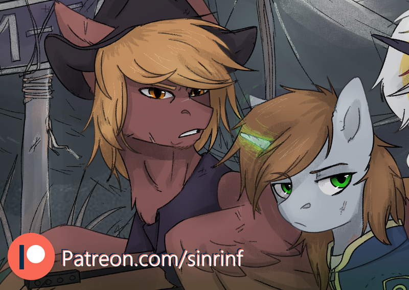 Size: 1603x1138 | Tagged: safe, artist:flysouldragon, artist:sinrinf, derpibooru import, oc, oc:calamity, oc:littlepip, pegasus, pony, unicorn, fallout equestria, advertisement, clothes, cowboy hat, female, glowing horn, hat, hetero littlepip, horn, male, mare, patreon, patreon logo, patreon preview, piplamity, stallion, vault suit