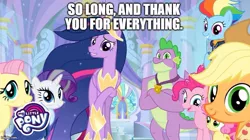 Size: 888x499 | Tagged: safe, derpibooru import, edit, edited screencap, screencap, applejack, fluttershy, pinkie pie, rainbow dash, rarity, spike, twilight sparkle, twilight sparkle (alicorn), alicorn, dragon, earth pony, pegasus, pony, unicorn, the last problem, caption, ending, farewell, goodbye, image macro, mane seven, mane six, older, older applejack, older fluttershy, older mane seven, older mane six, older pinkie pie, older rainbow dash, older rarity, older spike, older twilight, text, winged spike