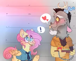 Size: 2500x2000 | Tagged: safe, artist:no-name-blog-scree, artist:no-name-blogg, artist:noodlezss, derpibooru import, discord, fluttershy, draconequus, pegasus, pony, blushing, cheek fluff, chest fluff, clothes, cuffs, discoshy, ear fluff, exclamation point, eye clipping through hair, eyebrows, eyebrows visible through hair, female, floppy ears, folded wings, handcuffed, heart, height scale, high res, looking at each other, looking at someone, looking up, male, mare, necktie, open mouth, pictogram, police officer, police pony, police uniform, prison outfit, prisoner, profile, raised hoof, shipping, smiling, speech bubble, standing, straight, underhoof, wings