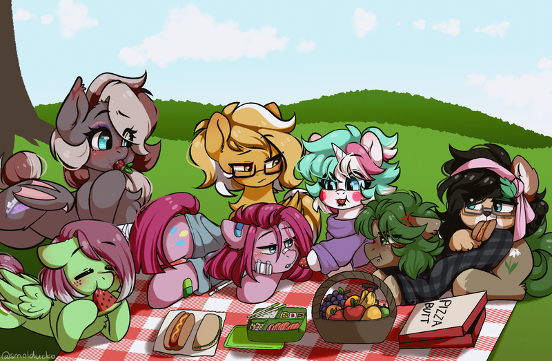 Size: 1764x1153 | Tagged: safe, artist:arume_lux, artist:cottonsweets, derpibooru import, pinkie pie, oc, oc:ame, oc:cottonsweets, oc:efflorescence, oc:fionna, oc:mareota, oc:watermelon success, bat pony, earth pony, original species, pegasus, pony, unicorn, wolf, wolf pony, female, mare, pinkamena diane pie