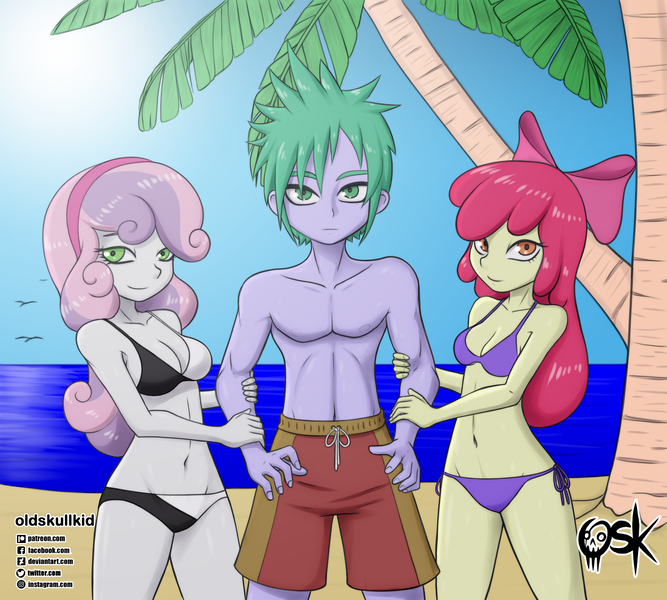 Size: 2000x1799 | Tagged: safe, alternate version, artist:oldskullkid, derpibooru import, apple bloom, spike, sweetie belle, human, equestria girls, apple bloom's bow, beach, bikini, bow, clothes, commission, female, hair bow, human spike, humanized, image, male, ocean, panties, png, shipping, shorts, spikebelle, spikebloom, straight, swimsuit, thong, tree, underwear, water