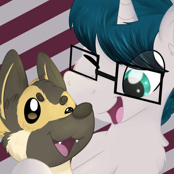 Size: 2000x2000 | Tagged: safe, artist:littleblackraencloud, derpibooru import, oc, oc:invictus europa, dog, german shepherd, pony, unicorn, glasses