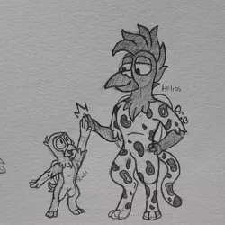 Size: 2156x2156 | Tagged: safe, artist:drheartdoodles, derpibooru import, oc, oc:helios, oc:rubi, unofficial characters only, anthro, gryphon, high five size difference, smiling, traditional art