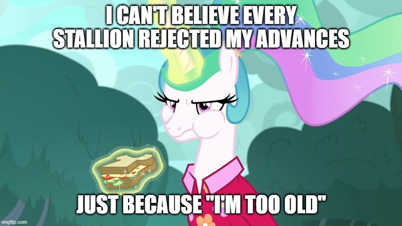 Size: 888x499 | Tagged: safe, derpibooru import, edit, edited screencap, editor:twi clown, screencap, princess celestia, alicorn, pony, between dark and dawn, alternate hairstyle, angry, caption, celestia is not amused, clothes, cute, female, food, hawaiian shirt, image macro, imgflip, madorable, magic, mare, ponytail, sandwich, shirt, solo, text, unamused