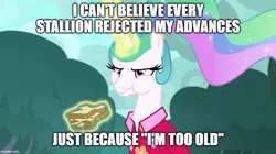 Size: 888x499 | Tagged: safe, derpibooru import, edit, edited screencap, editor:twi clown, screencap, princess celestia, alicorn, pony, between dark and dawn, alternate hairstyle, angry, caption, celestia is not amused, clothes, cute, female, food, hawaiian shirt, image macro, imgflip, madorable, magic, mare, ponytail, sandwich, shirt, solo, text, unamused