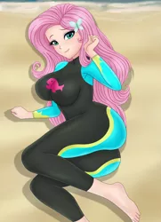Size: 1502x2069 | Tagged: safe, artist:anonix123, derpibooru import, fluttershy, equestria girls, adorasexy, ass, barefoot, beach, big breasts, blushing, boobs and butt pose, breasts, busty fluttershy, butt, clothes, cute, feet, female, human coloration, lidded eyes, lipstick, looking at you, sexy, side, smiling, solo, swimsuit, wetsuit