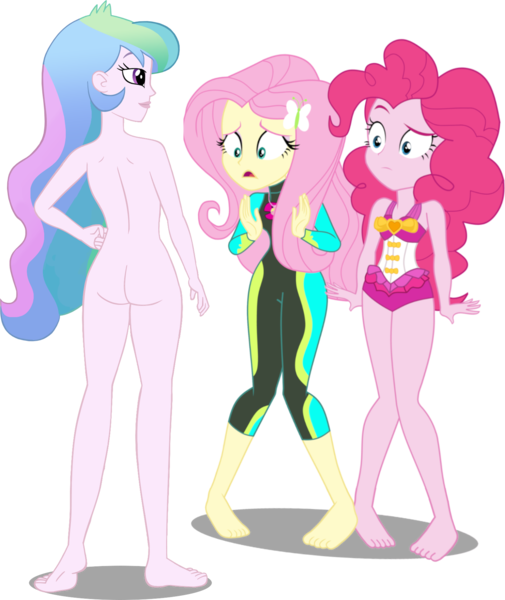 Size: 1516x1801 | Tagged: questionable, artist:g-side sf, artist:gabosor, artist:invisibleink, artist:rare-fashions15, derpibooru import, edit, editor:slayerbvc, vector edit, fluttershy, pinkie pie, princess celestia, equestria girls, barefoot, butt, casual nudity, clothed female nude female, clothes, eyeshadow, feet, female, geode of fauna, lipstick, looking down, magical geodes, makeup, nudist principal celestia, nudity, one-piece swimsuit, practitioner of naturism, principal celestia, principal sunbutt, simple background, sunbutt, swimsuit, transparent background, vector, wetsuit