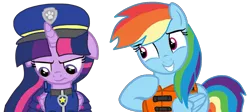 Size: 1939x869 | Tagged: safe, alternate version, artist:徐詩珮, derpibooru import, rainbow dash, twilight sparkle, twilight sparkle (alicorn), alicorn, pegasus, pony, series:sprglitemplight diary, series:sprglitemplight life jacket days, series:springshadowdrops diary, series:springshadowdrops life jacket days, alternate universe, background removed, chase (paw patrol), clothes, cute, dashabetes, duo, eyelashes, female, frown, grin, hat, lifejacket, looking down, mare, paw patrol, paw prints, raised hoof, simple background, smiling, transparent background, twilight is not amused, unamused