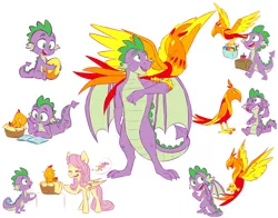 Size: 6900x5415 | Tagged: safe, artist:chub-wub, derpibooru import, fluttershy, peewee, spike, dragon, pegasus, phoenix, pony, molt down, absurd resolution, basket, book, cute, duo focus, egg, female, male, mare, molting, older, older spike, open mouth, peeweebetes, phoenix egg, pictogram, prone, reading, shyabetes, simple background, speech bubble, spikabetes, sweat, sweatdrop, white background, winged spike