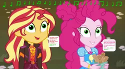 Size: 1269x700 | Tagged: safe, derpibooru import, edit, edited screencap, editor:thomasfan45, screencap, pinkie pie, sunset shimmer, human, equestria girls, equestria girls series, sunset's backstage pass!, spoiler:eqg series (season 2), 1000 hours in ms paint, blouse, brainwashed, churros, clothes, description is relevant, duo, duo female, female, flower, food, geode of empathy, geode of sugar bombs, grass, green eyes, hypnosis, hypnotic music, hypnotized, jacket, magical geodes, music festival outfit, music notes, open mouth, outdoors, pants, smiling, speech bubble, starswirl music festival, story included, wristband