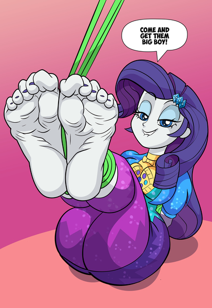 Size: 2481x3604 | Tagged: suggestive, artist:art-2u, derpibooru import, rarity, equestria girls, ankle tied, arm behind back, ass, barefoot, bedroom eyes, bondage, breasts, busty rarity, butt, feet, female, femsub, fetish, flirting, foot fetish, image, jpeg, lip bite, looking at you, music festival outfit, nail polish, rarisub, rearity, soles, solo, solo female, submissive, tied up, toenail polish, toes