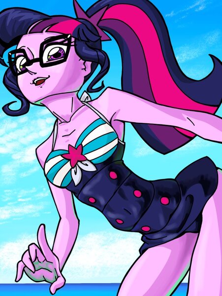 Size: 765x1018 | Tagged: safe, artist:dadss_rootbeer, artist:xjleiu, derpibooru import, sci-twi, twilight sparkle, equestria girls, equestria girls series, blue swimsuit, clothes, female, glasses, looking at you, ocean, one-piece swimsuit, pixiv, ponytail, sky, sleeveless, solo, striped swimsuit, swimsuit, tricolor swimsuit