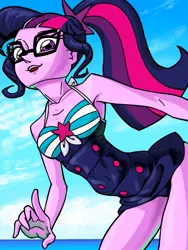 Size: 765x1018 | Tagged: safe, artist:dadss_rootbeer, artist:xjleiu, derpibooru import, sci-twi, twilight sparkle, equestria girls, equestria girls series, blue swimsuit, clothes, female, glasses, looking at you, ocean, one-piece swimsuit, pixiv, ponytail, sky, sleeveless, solo, striped swimsuit, swimsuit, tricolor swimsuit