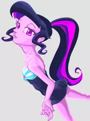 Size: 755x1012 | Tagged: safe, artist:dadss_rootbeer, artist:xjleiu, derpibooru import, sci-twi, twilight sparkle, equestria girls, equestria girls series, clothes, female, gray background, looking at you, missing accessory, no glasses, one-piece swimsuit, pixiv, ponytail, simple background, solo, striped swimsuit, swimsuit, tricolor swimsuit