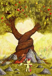 Size: 1024x1477 | Tagged: safe, artist:konsumo, derpibooru import, apple bloom, applejack, earth pony, pony, adorabloom, apple, apple tree, applejack's hat, cowboy hat, cute, detailed, food, hat, intertwined trees, jackabetes, pear, pear tree, rock, sweet apple acres, traditional art, tree