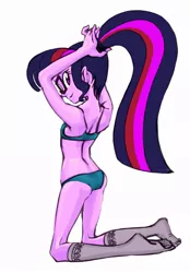 Size: 646x928 | Tagged: suggestive, artist:dadss_rootbeer, artist:xjleiu, derpibooru import, sci-twi, twilight sparkle, equestria girls, ass, bra, breasts, butt, clothes, crop top bra, delicious flat chest, female, glasses, green underwear, kneeling, lingerie, looking at you, looking back, panties, ponytail, simple background, smiling, smiling at you, socks, solo, underwear, white background