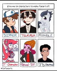 Size: 1080x1350 | Tagged: safe, artist:hatarakuoniisan, derpibooru import, rumble, ghost, human, pegasus, pony, undead, six fanarts, :p, baseball cap, bust, cap, clothes, colt, crossover, dipper pines, gravity falls, hat, heathers the musical, male, osomatsu-san, spinel (steven universe), steven universe, toilet-bound hanako-kun, tongue out