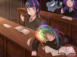 Size: 2224x1668 | Tagged: safe, artist:vivid_unicorn, derpibooru import, rainbow dash, rarity, twilight sparkle, human, anime, book, classroom, clothes, feather, harry potter, humanized, magic, magic wand, necktie, :o, open mouth, school uniform, sleeping, wand