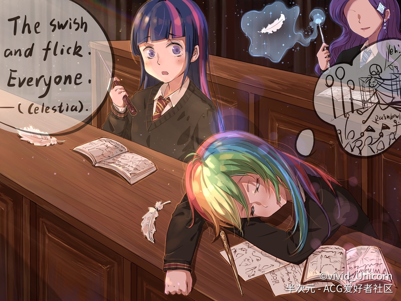 Size: 2224x1668 | Tagged: alternate version, anime, artist:vivid_unicorn, book, broom, classroom, clothes, derpibooru import, dream, feather, flying, flying broomstick, harry potter, human, humanized, implied princess celestia, magic, magic wand, necktie, :o, open mouth, quidditch, rainbow dash, rarity, safe, school uniform, sleeping, speech bubble, twilight sparkle, wand