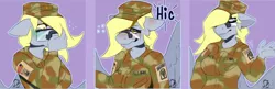 Size: 1280x416 | Tagged: safe, artist:sintacle, derpibooru import, derpy hooves, anthro, pegasus, army, bedroom eyes, clothes, commission, covering, digital art, drunk, emotes, eyes closed, female, floppy ears, glasses, hat, implied vomit, solo, spread wings, wings
