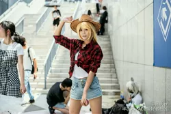 Size: 8256x5504 | Tagged: safe, artist:黑明er, derpibooru import, applejack, human, absurd resolution, apple, applejack's hat, clothes, cosplay, costume, cowboy hat, denim shorts, food, hat, holding hat, irl, irl human, looking at you, photo, shirt, shorts