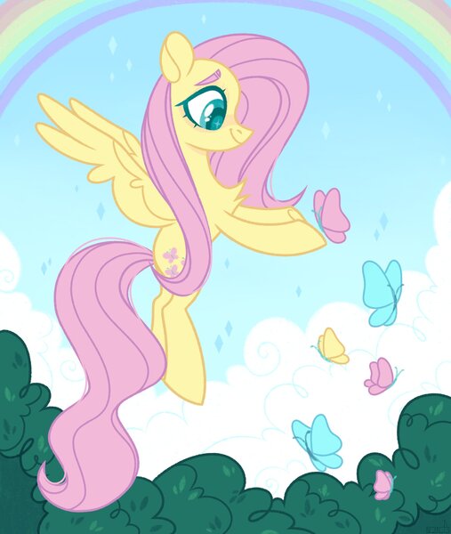 Size: 1731x2048 | Tagged: safe, artist:n in a, derpibooru import, fluttershy, butterfly, insect, pegasus, pony, chest fluff, cute, female, flying, rainbow, shyabetes, smiling, solo, wingding eyes