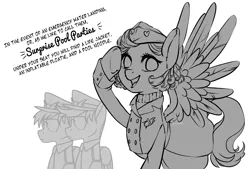 Size: 3496x2362 | Tagged: safe, artist:taytinabelle, derpibooru import, pegasus, pony, 4chan, black and white, blazer, clothes, cute, dialogue, drawthread, ear fluff, female, grayscale, hat, high res, looking at you, mare, monochrome, pilot, request, requested art, simple background, sketch, smiling, spread wings, stewardess, sweater, text, turtleneck, uniform, vintage, white background, wings